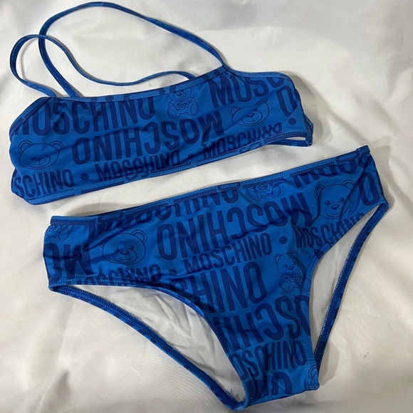 Girls Blue MOSCHINO Bikini Swimwear Logo Teddy Bear Summer Beach - Picture 1 of 4